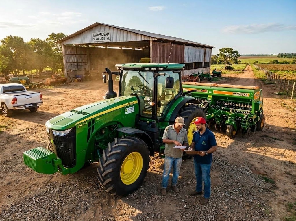 Eng. Agrônomo Alcimar e produtor rural com trator John Deere e semeadora na Agropecuária Santa Luzia - MA